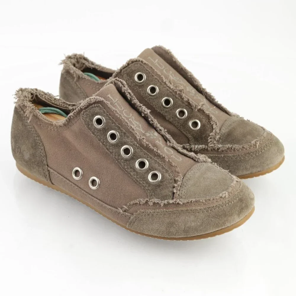VTG Lucky Brand Womens Sneaker Size 7 Tan Suede Laceless Slip On Frayed Shoes 90